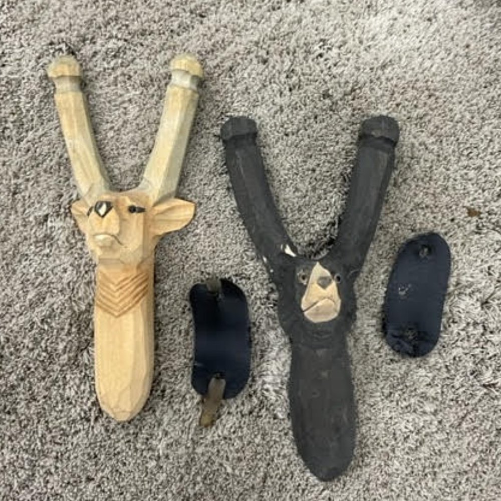 Hand Carved Wood Deer and Black Bear Sling Shot w/ Leather  Pocket
